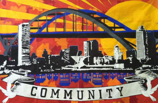 Community mural with a view of downtown Milwaukee